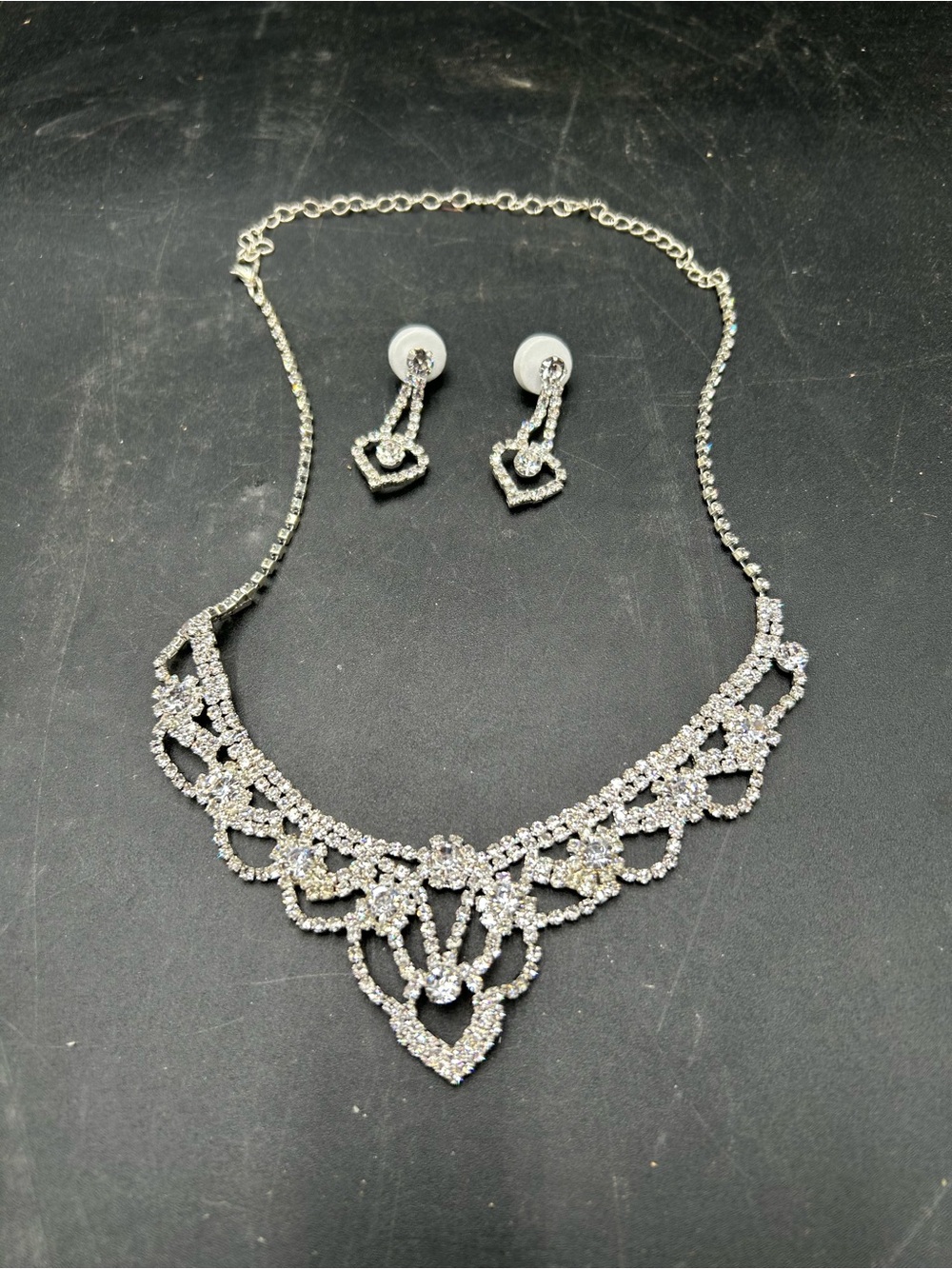Silver rhinestone Statement Necklace and heart Earrings Set
